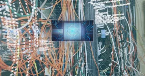 Image of interface with data processing over close up of a computer server Stock Photos