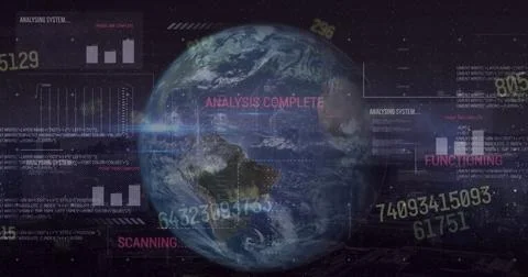 Image of interface with data processing over spinning globe against black 写真素材