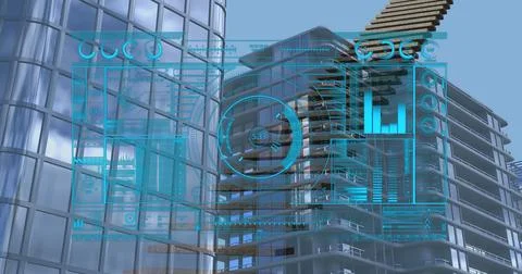 Image of interface with data processing over staircase icon against tall Stock Photos