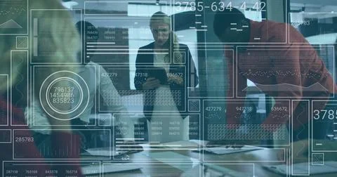 Image of interface with data processing over diverse colleagues discussing Photos