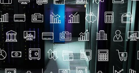 Image of interface with digital icons against computer server room Stock Photos