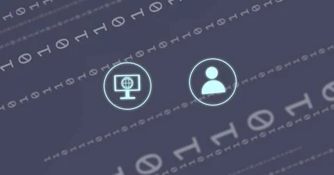 Image of interface with digital icons and binary coding against grey backgrou 스톡 사진