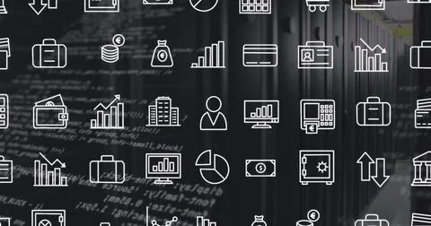 Image of interface with digital icons and data processing against computer Stock Photos