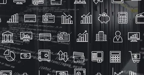 Image of interface with digital icons and data processing against computer Stock Photos
