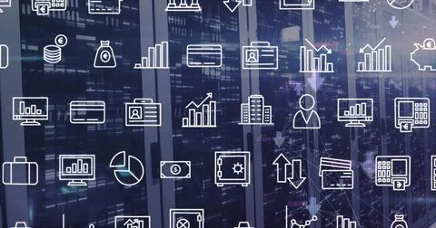 Image of interface with digital icons and mosaic squares against computer server Stock Photos