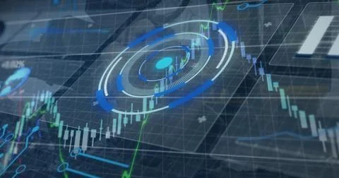 Image of interface with financial data processing against hydraulic lifting 스톡 일러스트