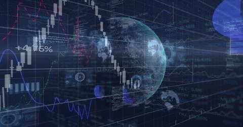 Image of interface with globe, statistics and information moving on black 스톡 일러스트