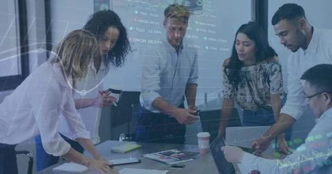 Image of interface with graphs and data with business colleagues brainstorming Foto stock