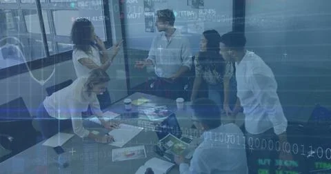 Image of interface with graphs and data with business colleagues brainstorming Stock Photos