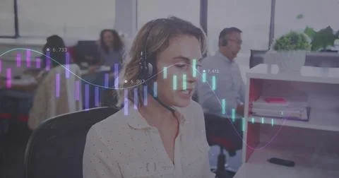 Image of interface with graphs and data with businesswoman and colleagues in Stock Photos