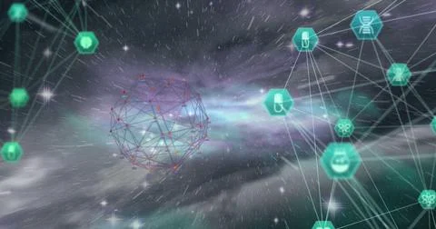 Image of interface with medical icons network of connections spinning over イラスト素材
