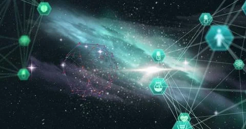 Image of interface with medical icons network of connections spinning over Stock Illustration