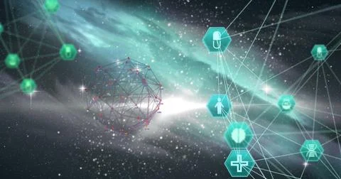 Image of interface with medical icons network of connections spinning over 스톡 일러스트