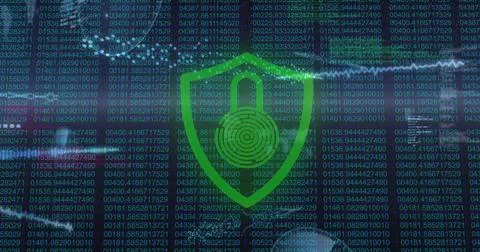 Image of interface with moving digital data and red and green flashing padlock Foto stock