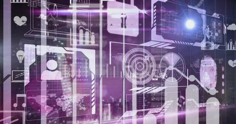 Image of interface with multiple charts, padlock, programming language and 写真素材