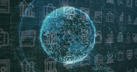 Image of interface with multiple digital icons against globe of network of イラスト素材