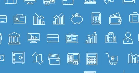 Image of interface with multiple digital icons moving against blue background Stock Photos