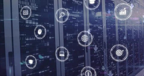 Image of interface with multiple digital icons and mosaic squares against c.. Stock Photos