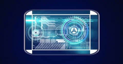 Image of interface with neon round scanner and data processing against blue Foto stock