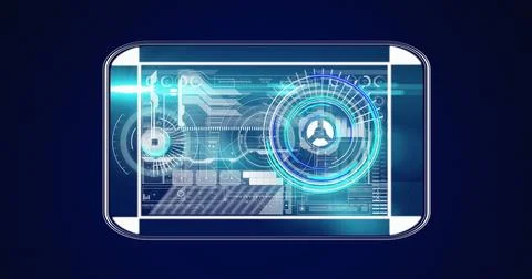 Image of interface with neon round scanner and data processing against blue Stock Photos