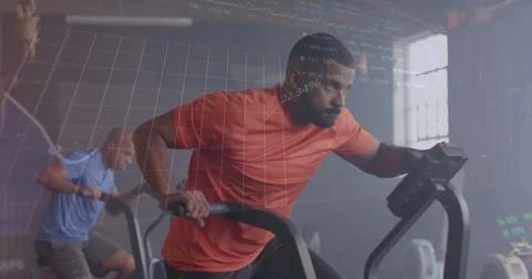 Image of interface processing data over african american man cross training on Stock Photos