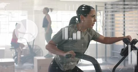 Image of interface processing data over caucasian woman cross training on Stock Photos