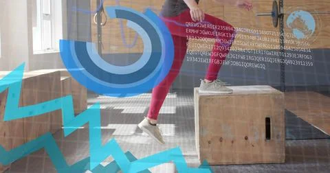 Image of interface processing data over caucasian woman jumping on boxes cross 写真素材