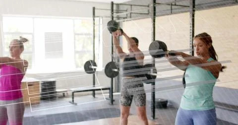 Image of interface processing data over diverse women training with kettlebells Stock Photos