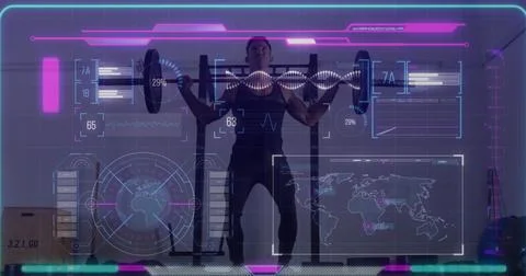 Image of interface processing data over man lifting barbell weights Stock Photos