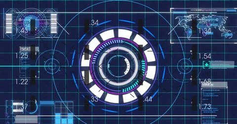 Image of interface with round scanner and data processing against blue Stock Photos