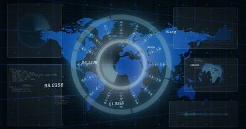 Image of interface with round scanner and data processing over world map on Stock Photos