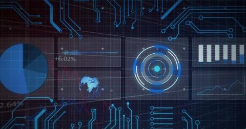 Image of interface with round scanner, data processing and microprocessor Stock Illustration