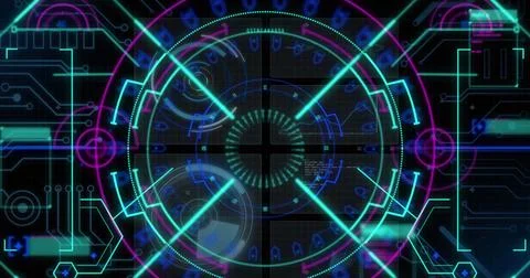 Image of interface with round scanner, microprocessor connections and data .. 스톡 사진