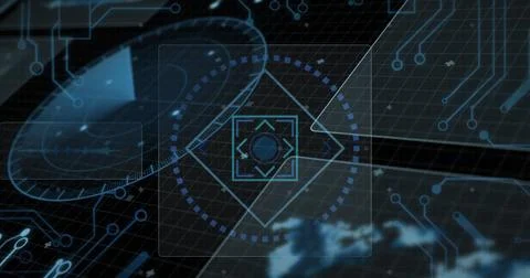 Image of interface with round scanner, microprocessor connections and data .. 스톡 사진