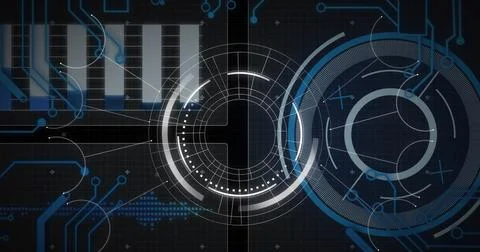 Image of interface with round scanner, microprocessor connections and data .. Stockfoto's