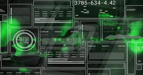 Image of interface screen charts and processing data over green lights on black Stock Photos