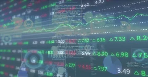 Image of interface screen with glowing data, statistics and text information Illustrazione stock