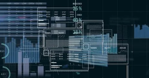 Image of interface screens, charts and data processing on black background Stock Photos