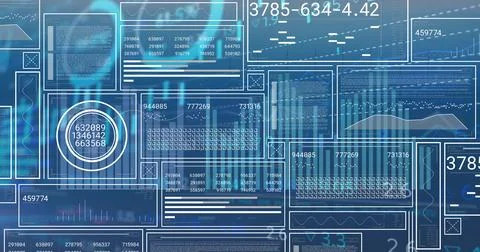 Image of interface screens, charts and data processing on blue background Stockfoto's