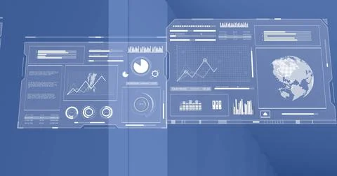 Image of interface screens with charts processing data moving on blue background Illustrazione stock