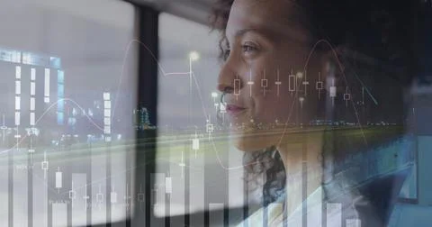 Image of interface showing data and statistics with businesswoman smiling in Stock Photos