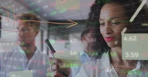 Image of interface showing information with business people brainstorming at a Stock Photos