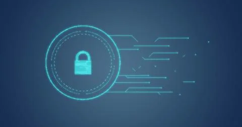 Image of interface showing network and padlock icon over on blue background Stock Photos