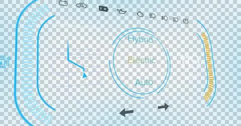 Image of interface with speedometer and power and energy icons on blue Illustrazione stock