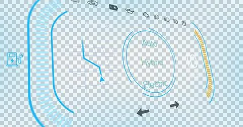 Image of interface with speedometer and power and energy icons on blue イラスト素材