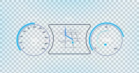 Image of interface with speedometer and power and energy icons on blue Stock Illustration