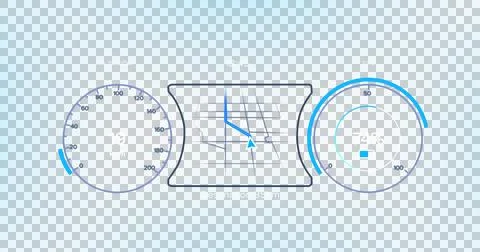 Image of interface with speedometer and power and energy icons on blue Stock Illustration