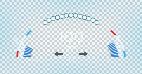 Image of interface with speedometer and power and energy icons on blue Illustrazione stock