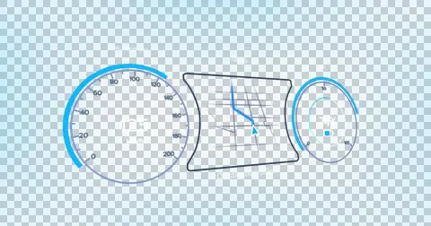 Image of interface with speedometer and power and energy icons on blue Illustrazione stock