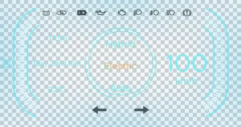 Image of interface with speedometer and power and energy icons on blue 스톡 일러스트